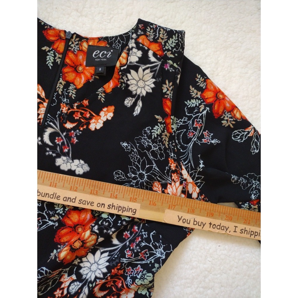 ECI New York Jumpsuit Woman‎ 8 Orange Black Floral Stretch Boho V Neck Pocket - Picture 2 of 8